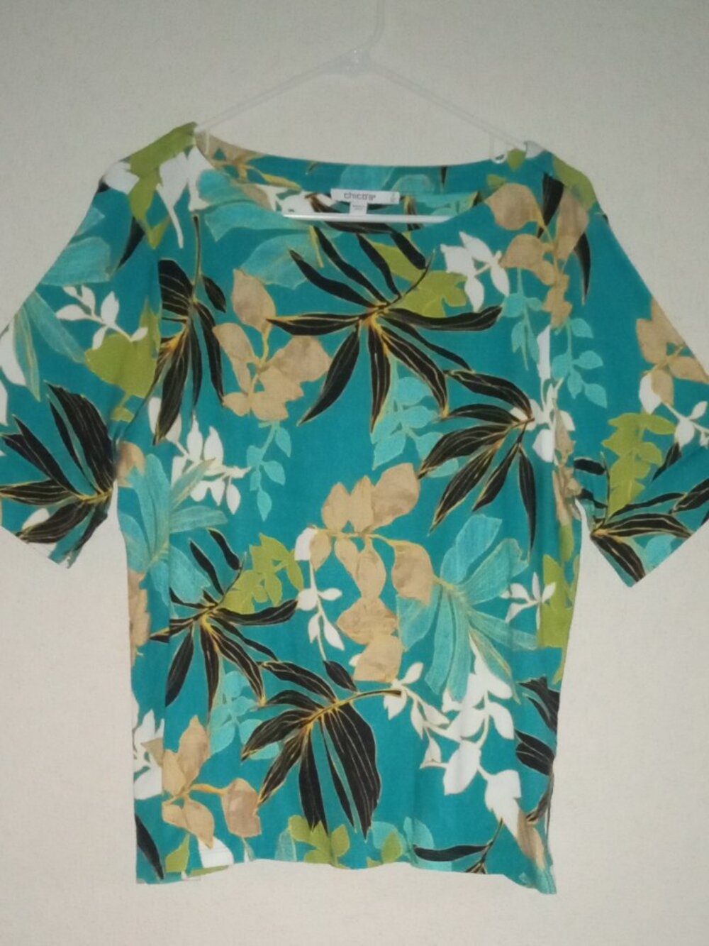 Chico’s XL 100% Pima Cotton Teal Tropical Floral Short Sleeve Top - Picture 3 of 8